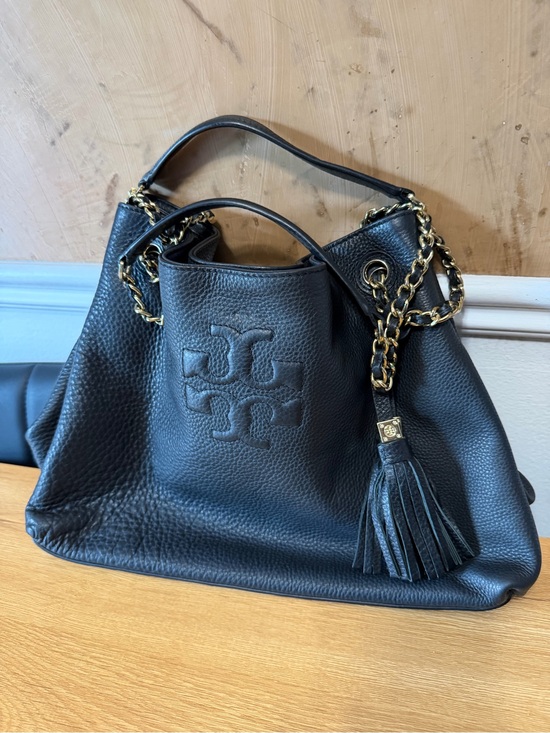 Tory Burch Handbags - Tory Burch Black Pebbled Leather Chain Tote Shoulder Bag Tassel Large